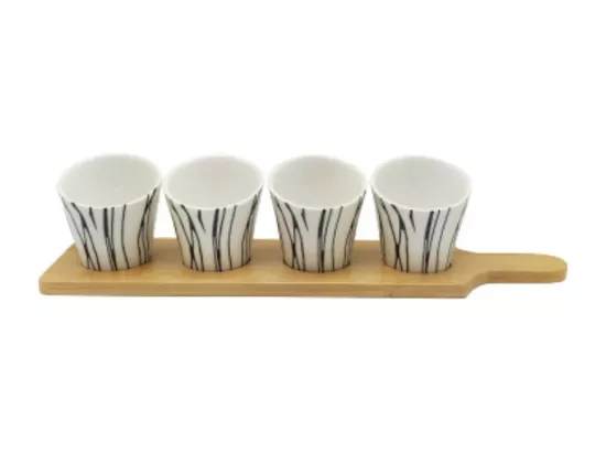 ~ Set apéritif tapas 4 verrines en bambou et céramique blanc et marron 34.5 x 8 cm