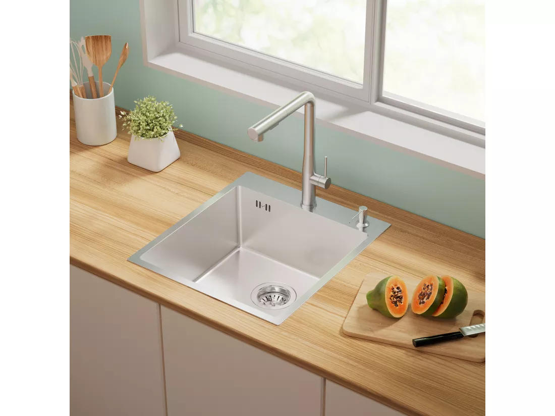 Évier Cuisine 1 Bac 44*49*20 CM,Lavabo Cuisine avec Distributeur Savon,Inox 304,Évier encastré/à Poser Évier avec Trou de Montage pour Robinet