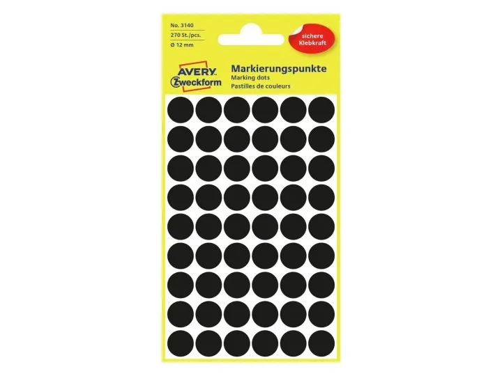Etiket Avery Zweckform sort Ø12 mm - (5 ark x 54 stk.)