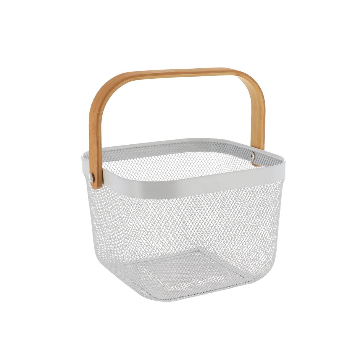 PANIER DE RANGEMENT CARRE METAL POIGNEE BAMBOU BLANC