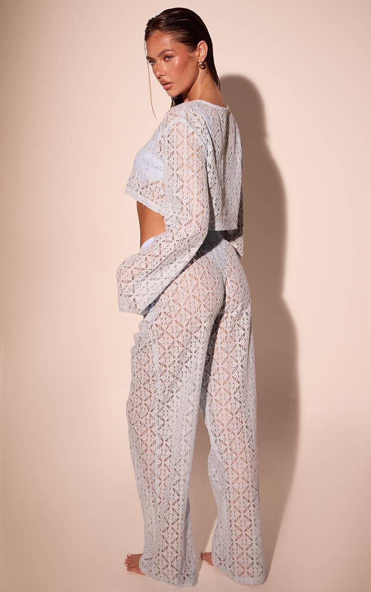 Bleu Poudré Pantalon Droit En Dentelle Ensemble Coordonné