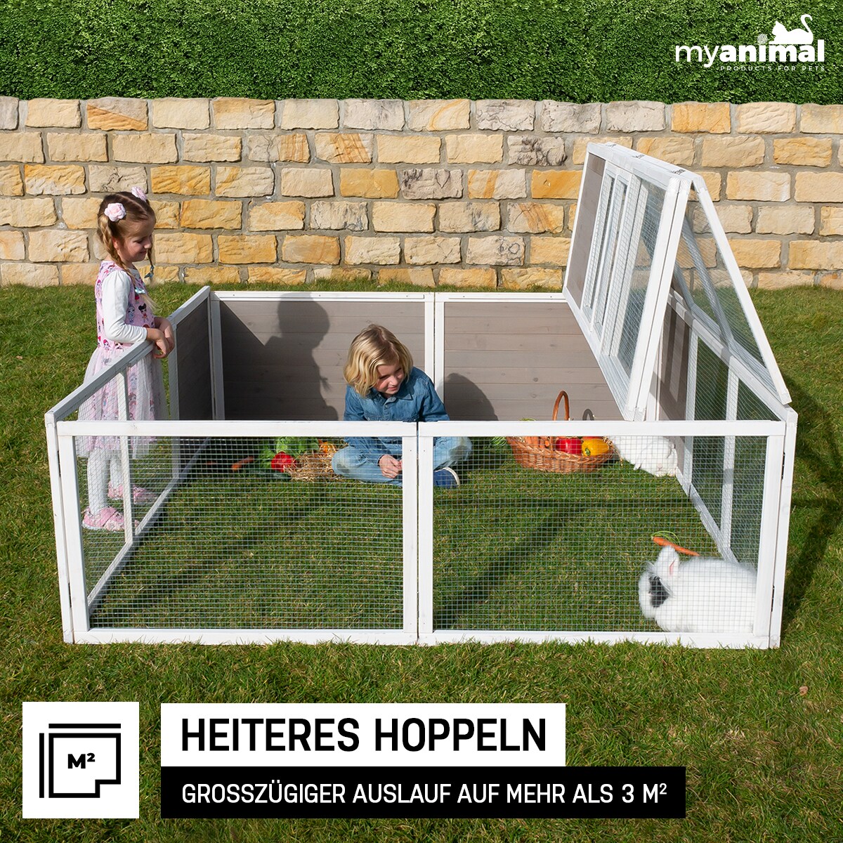 MyAnimal HasenstallMH-06 Freilaufgehege, Kaninchenstall XXL, mit Unterstand, Simple-Fold, Vollholz (Grau)