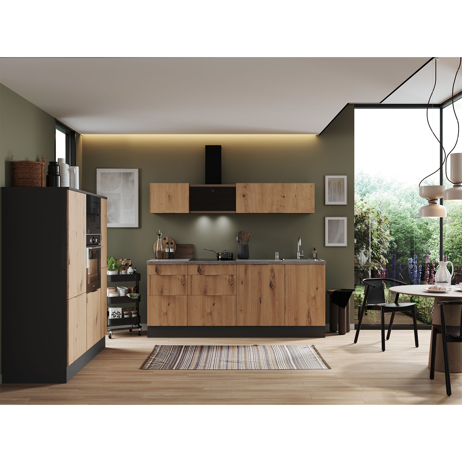 Küchenblock - Artisan Eiche - grau matt - mit E-Geräten - 370 cm