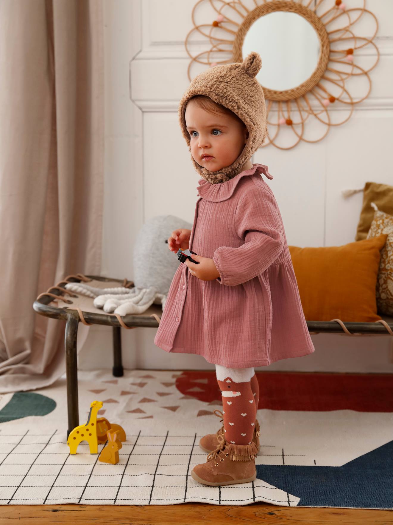 Vestido infantil com babado de chiffon de algodão, marrom médio liso