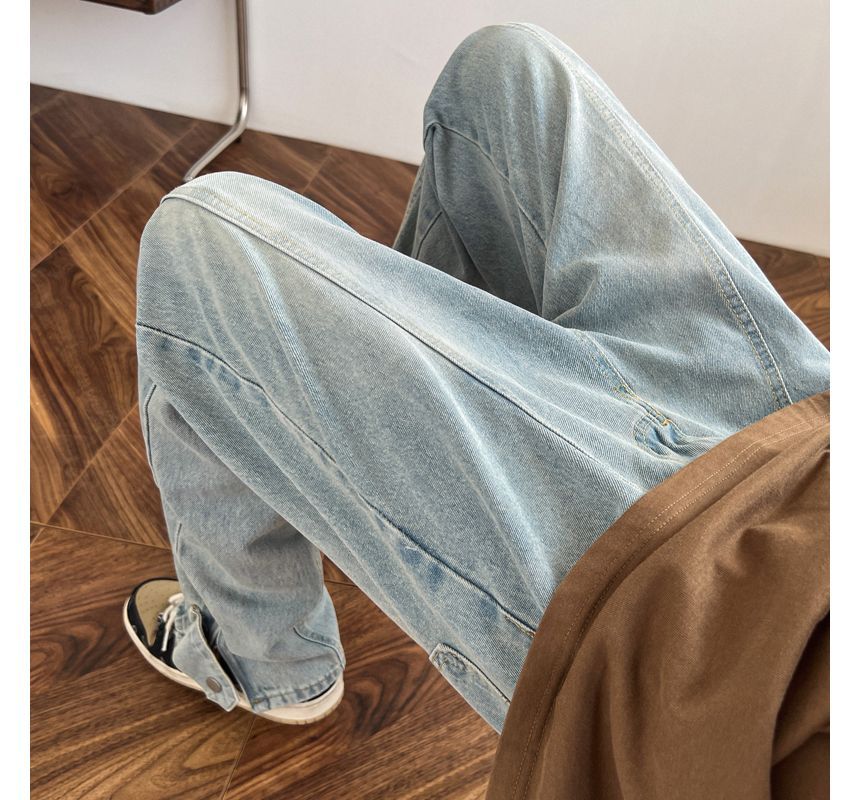 Tiaota - Mid Rise Washed Zip Slit Straight Leg Jeans