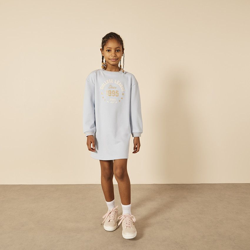 Robe sweat manches longues puff print College pour fille - Bleu