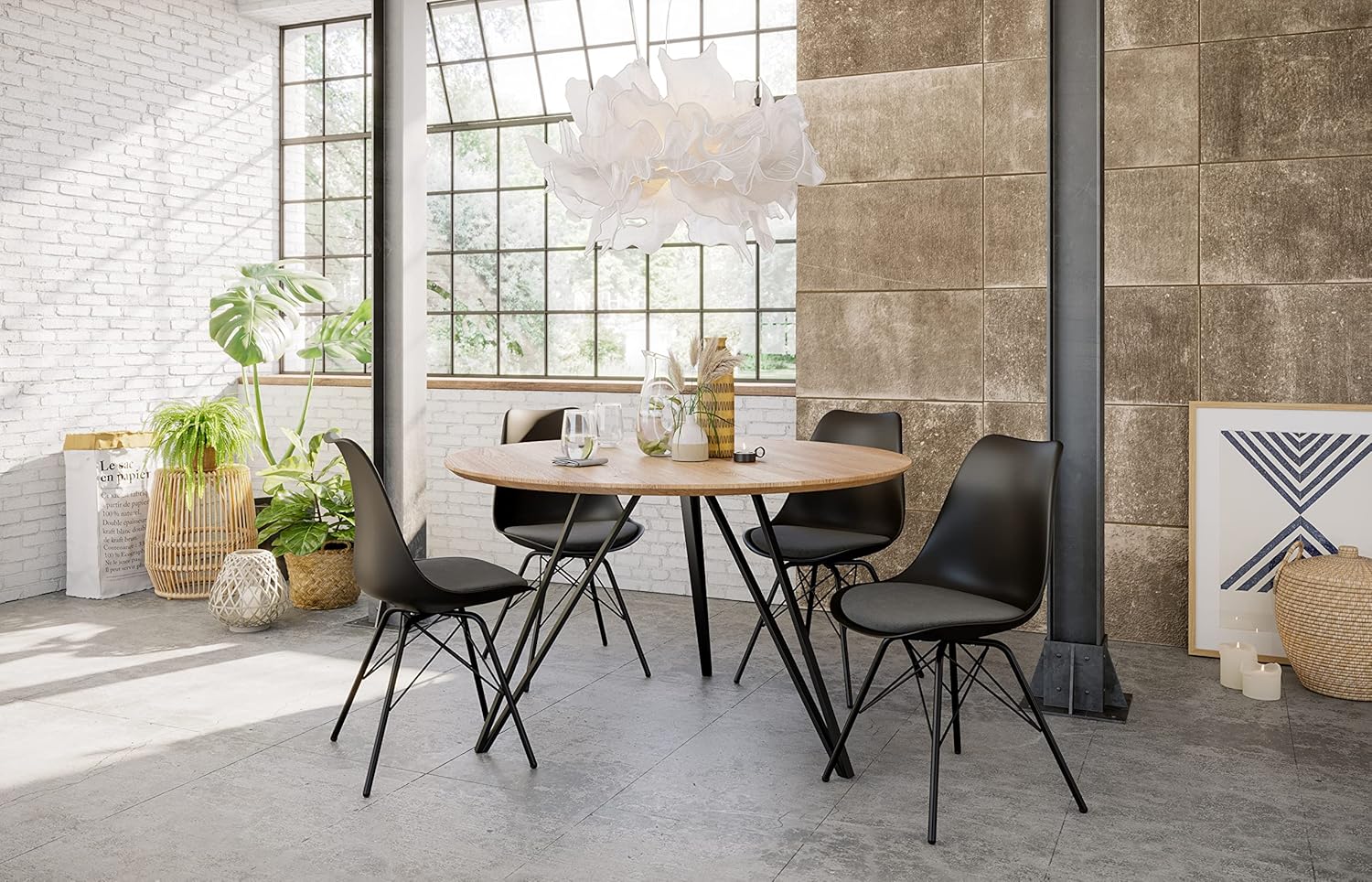 SAM Runder Esstisch 110 cm Dream, Eichenholz geölt, Esszimmertisch mit Schweizer Kante, Hairpin-Gestell Eisen schwarz, massiver Holztisch, Tischplatte 26mm