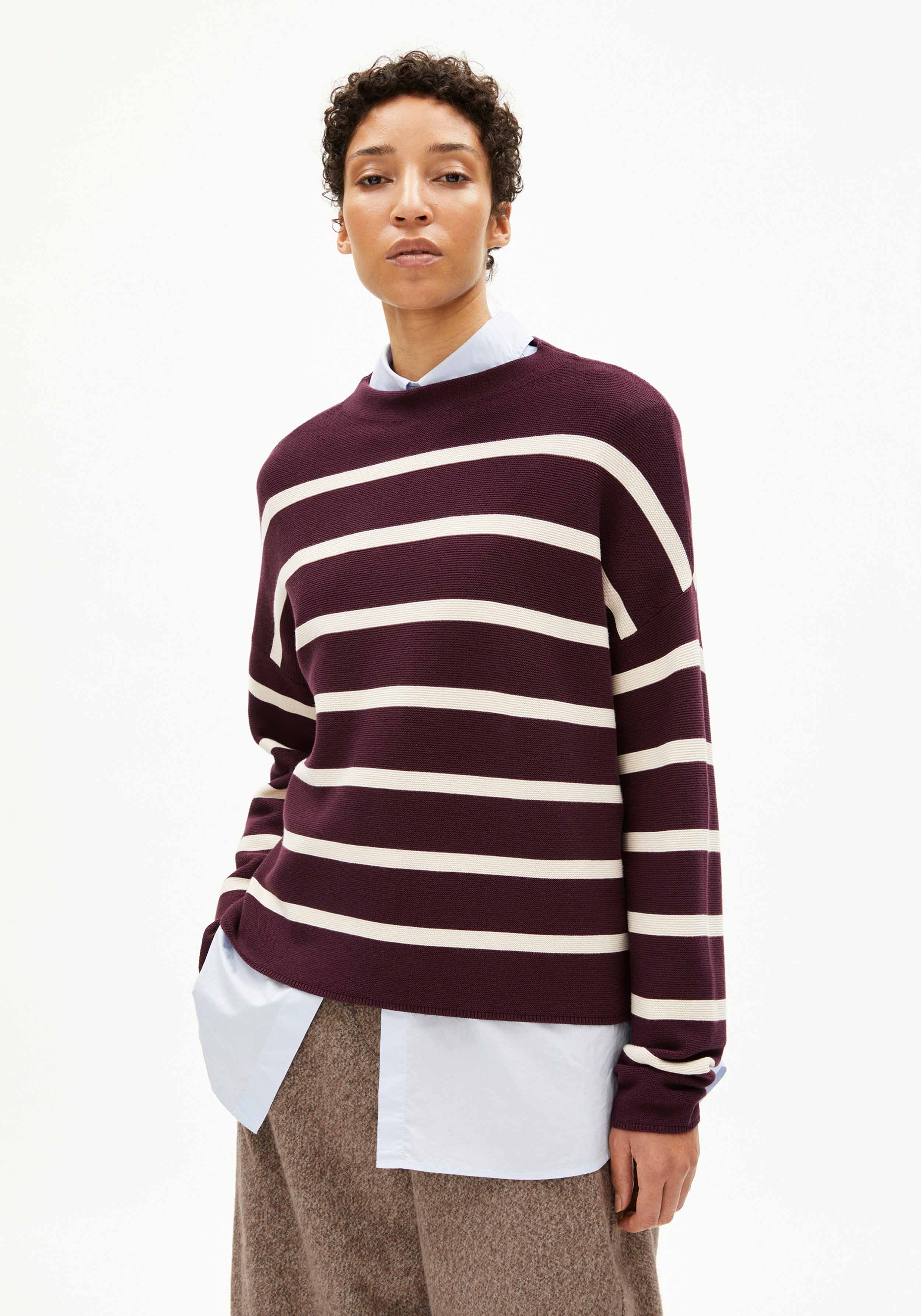 Armedangels Strickpullover Merinaa Stripes Dark Cranberry-Oatmilk