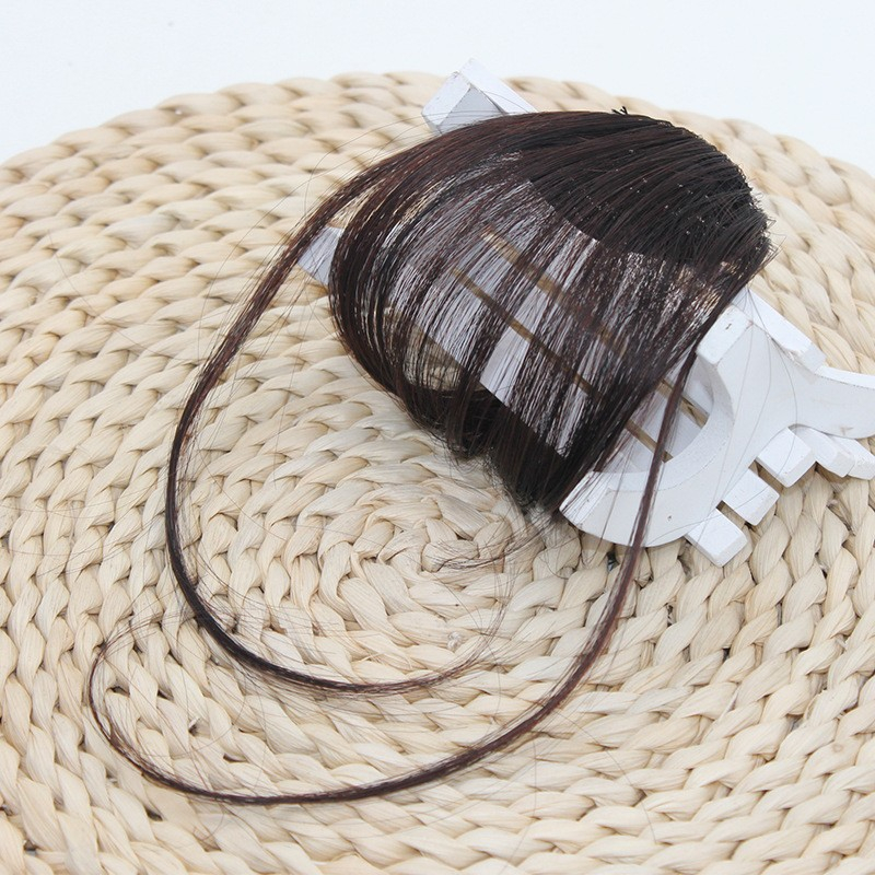 (14cm) Kunsthaar Extensions Clip-In Fransen Pony Haarverlängerung mit Stufenschnitt - Dunkelbraun / Schwarz