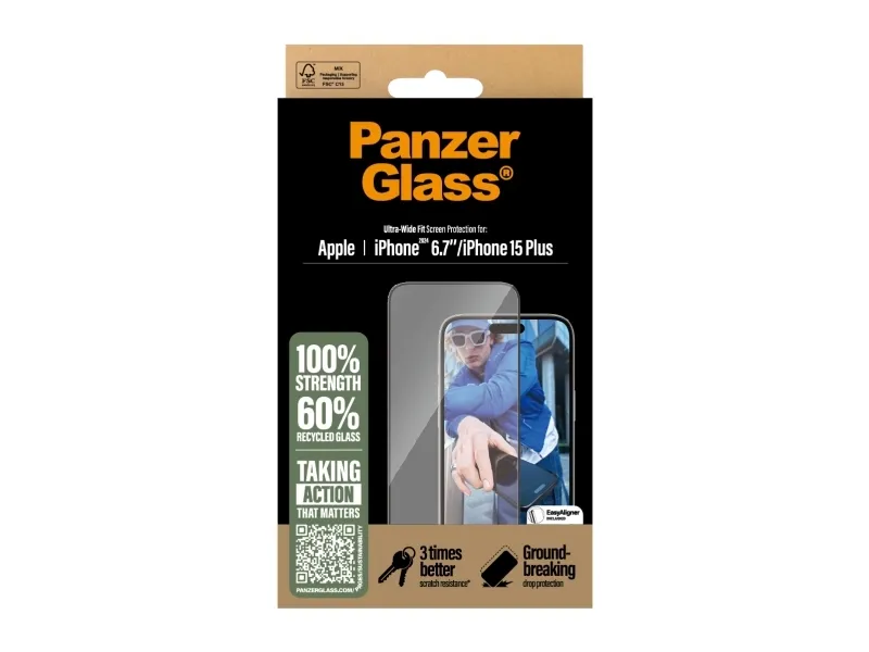 PanzerGlass - Skærmbeskytter for mobiltelefon - ultrabred pasform - glas - rammefarve sort - for Apple iPhone 15 Plus, 16 Plus