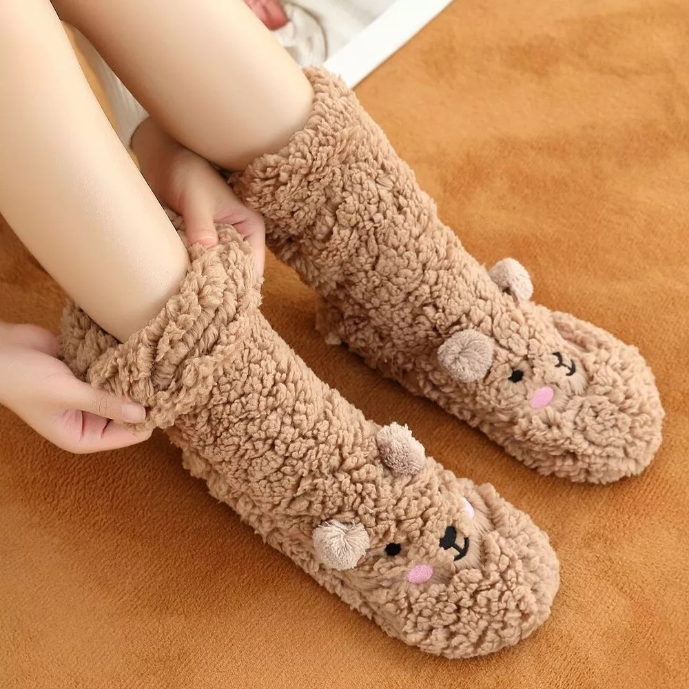 (1 Paar) Kuschel Socken Wintersocken Füsslinge Flauschige Bettsocken Teddybär (One Size) - Braun