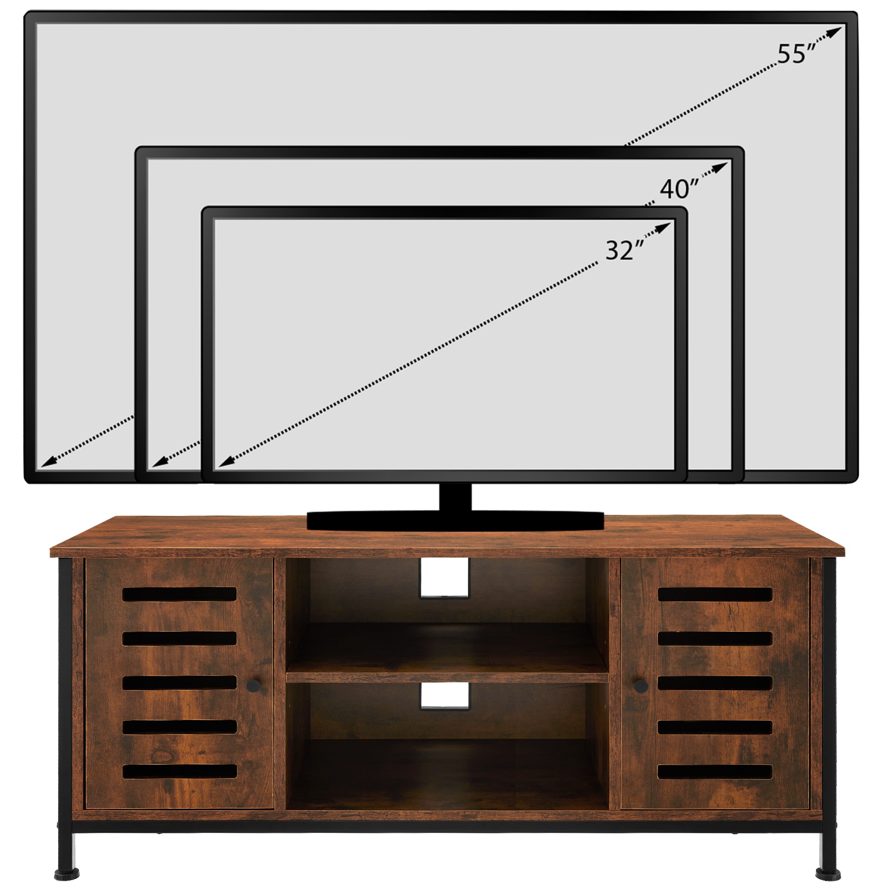 tectake® TV-Board, Industrial Style, offenes Fach, 2 Staufächer mit Magnettüren, verstellbarer Einlegeboden, 2 Kabelaussparungen, 110 x 41,5 x 50,5 cm