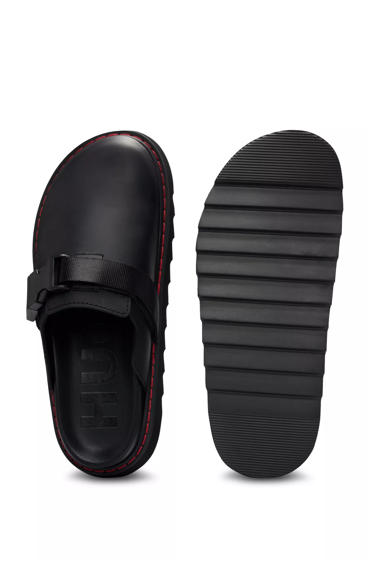 Sapatos slip-on HUGO em couro vermelho com fivela da marca.