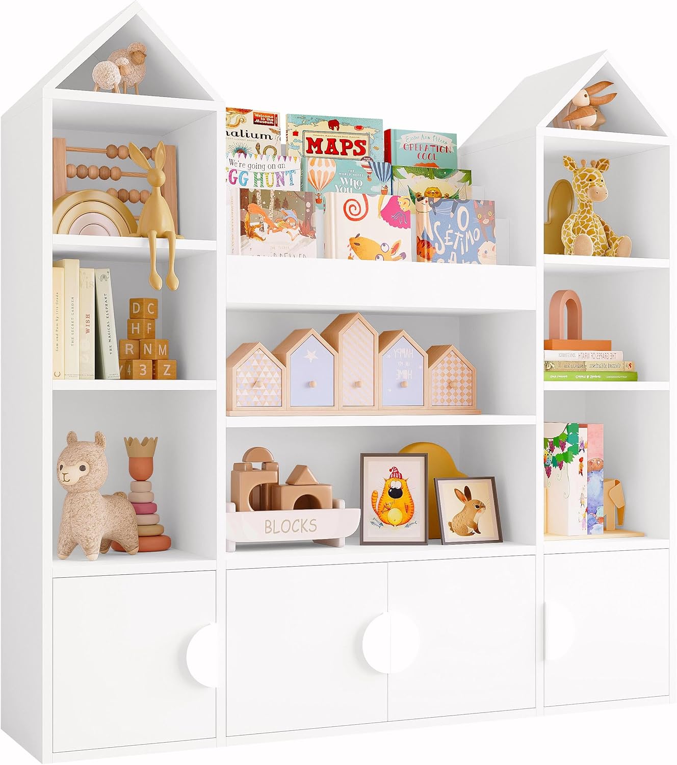 IRONCK Kinderregal, Bücherregal Kinder mit 4 Türen, Spielzeugregal Holz, Burgendesign Aufbewahrungsschrank, Spielzeugschrank, Kinderzimmer Möbel, 10 offene Regalböden, 123.5x33x127cm (Weiß)
