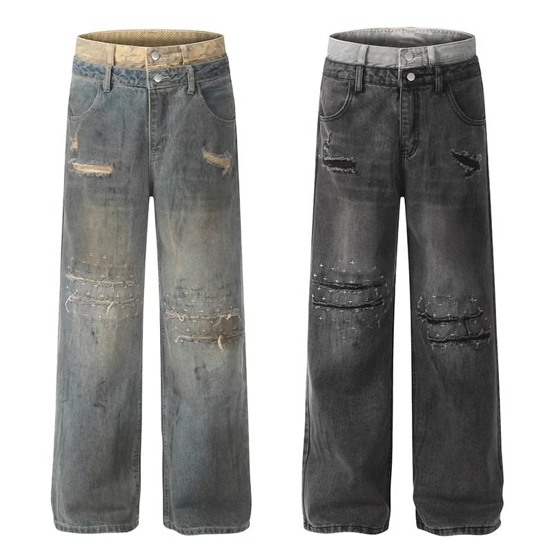 GRAYCIOUS - Mock Two-Piece Mid Rise Washed Distressed Wide Leg Jeans