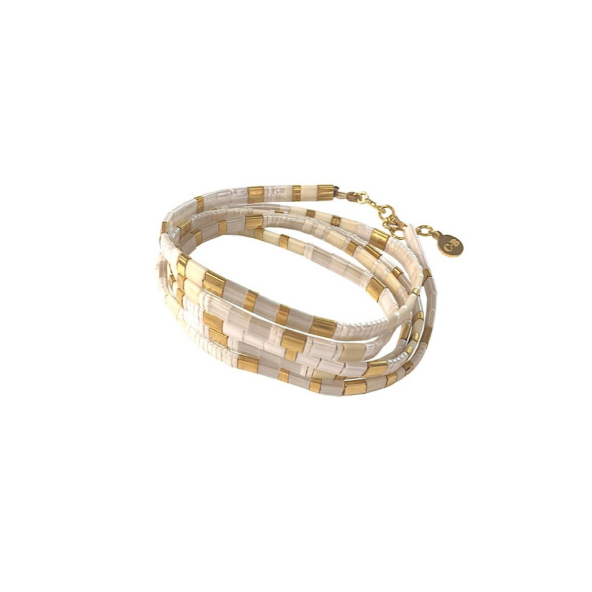 Bracelet 5 tours Claire BERTEAU White Perles plates en verre