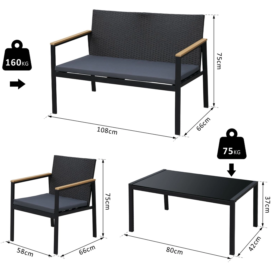 Outsunny Polyrattan Sitzgruppe als 4-teiliges Set schwarz, grau