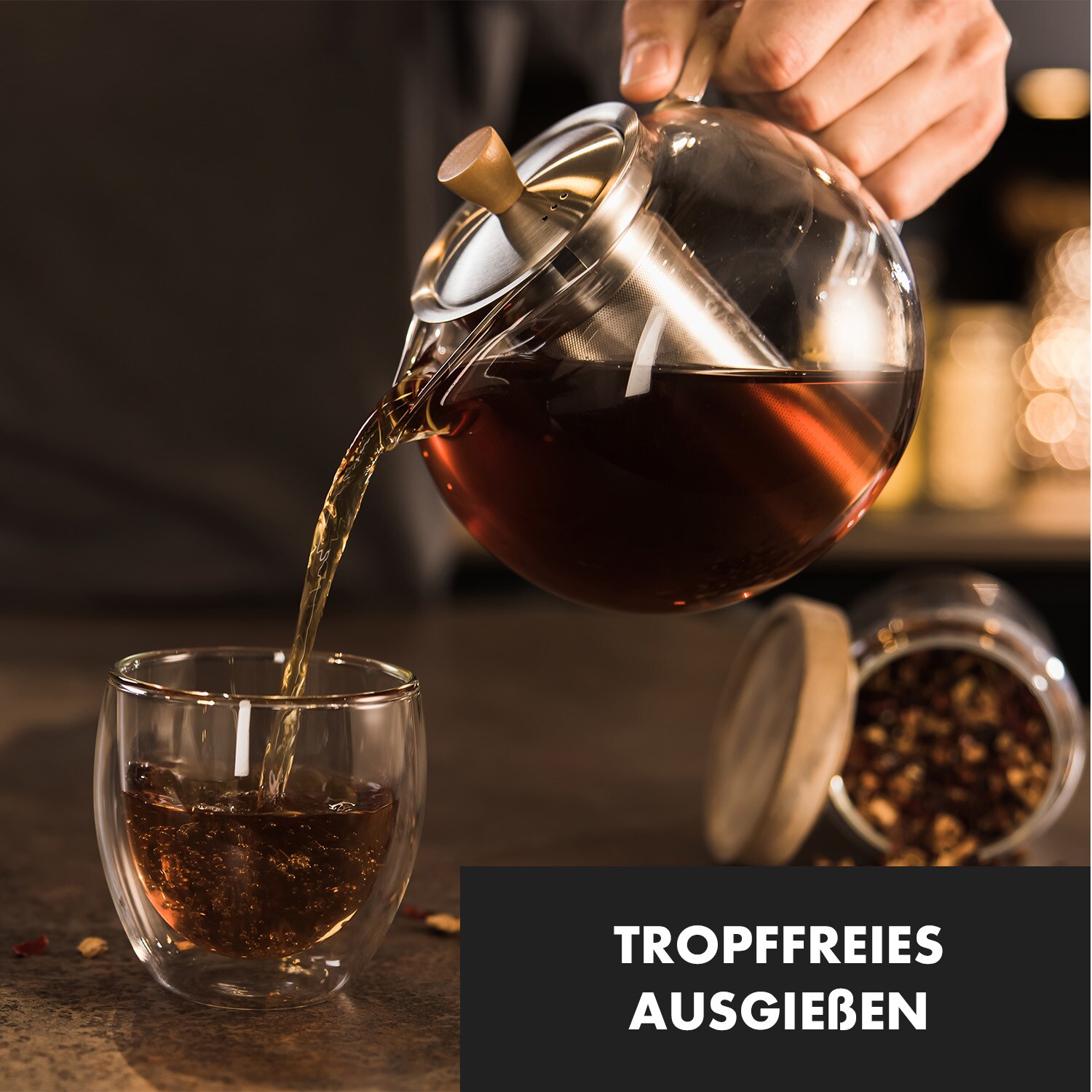 Sencha Teekanne 1,8 l Edelstahl-Siebeinsatz Borosilikatglas Deckel