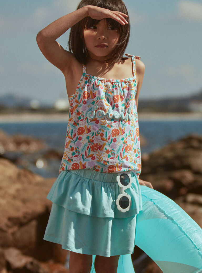 Débardeur et jupe short turquoise et orange en jersey