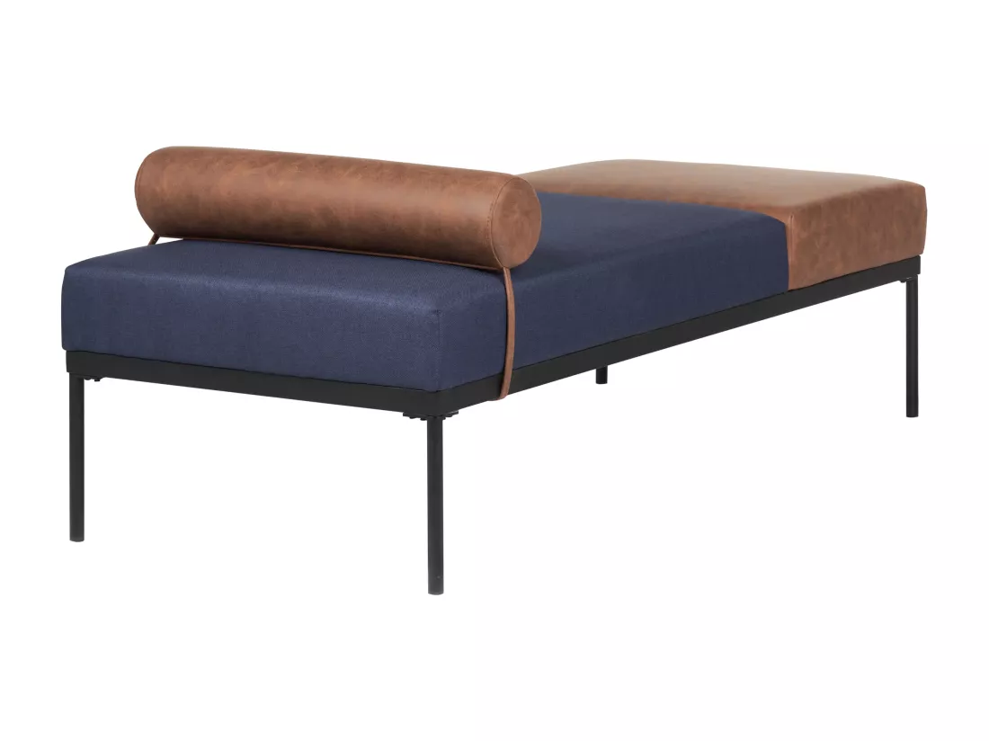 Chaise longue en lin synthétique et en similicuir bleu foncé et marron MALMOS