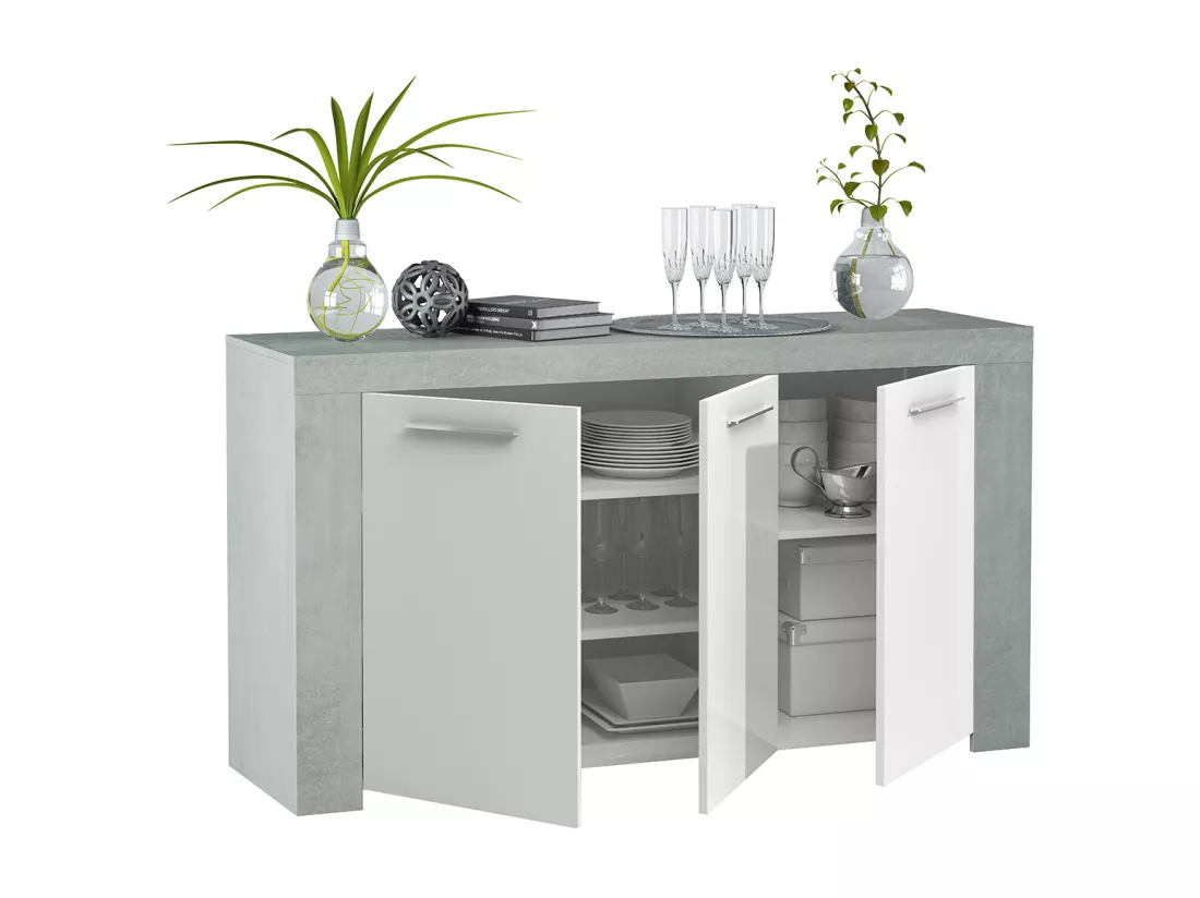 Buffet avec 3 portes coloris Blanc Artik / Ciment en mélamine - Dim: 80 x 144 x 42 cm