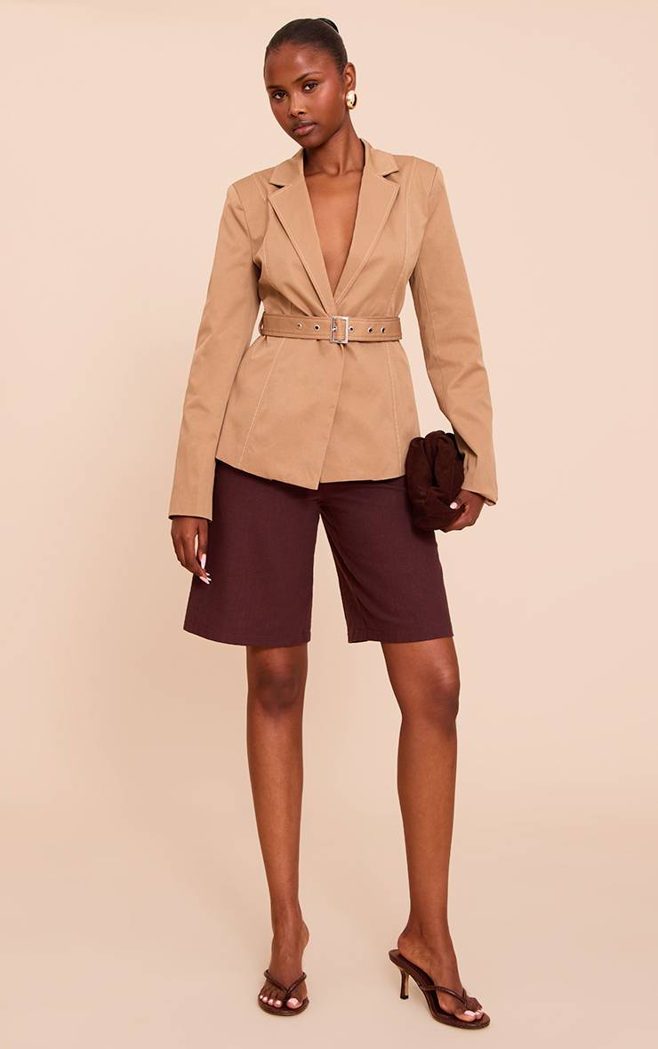 Beige Blazer À Ceinture Nouée Et Surpiqûres Contrastées