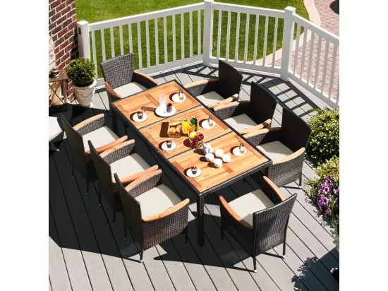 Salon de Jardin en Rotin et fibre naturelle 9 Pièces pour 8 Personnes Plateau de Table en Acacia, Ensemble de Salle à Manger de Patio, Chaque Chaise Charge 180KG