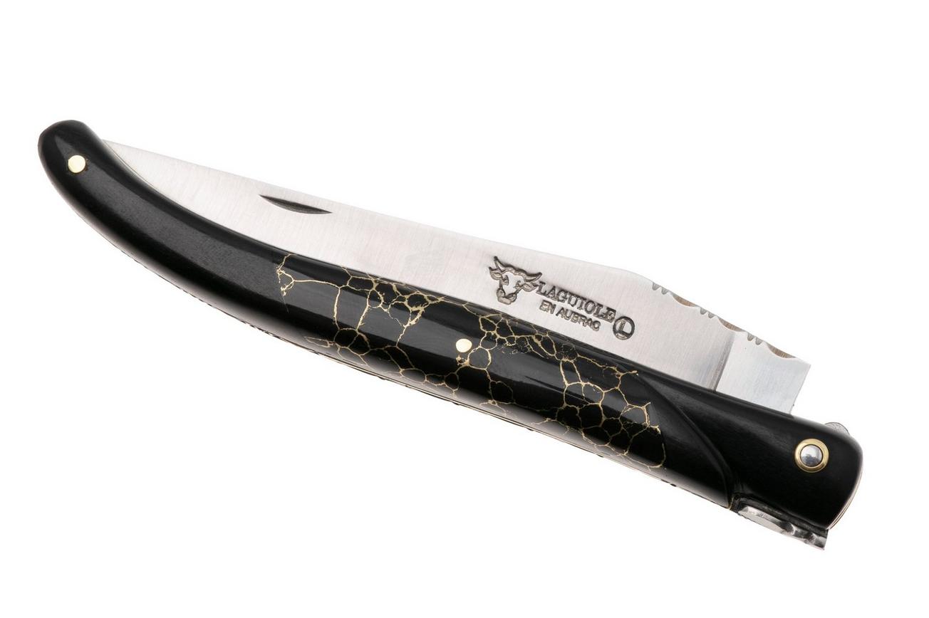Laguiole en Aubrac Ebony, Onyx Gold Inlay, Handcarved Gold Brass Plates, zakmes, 12 cm