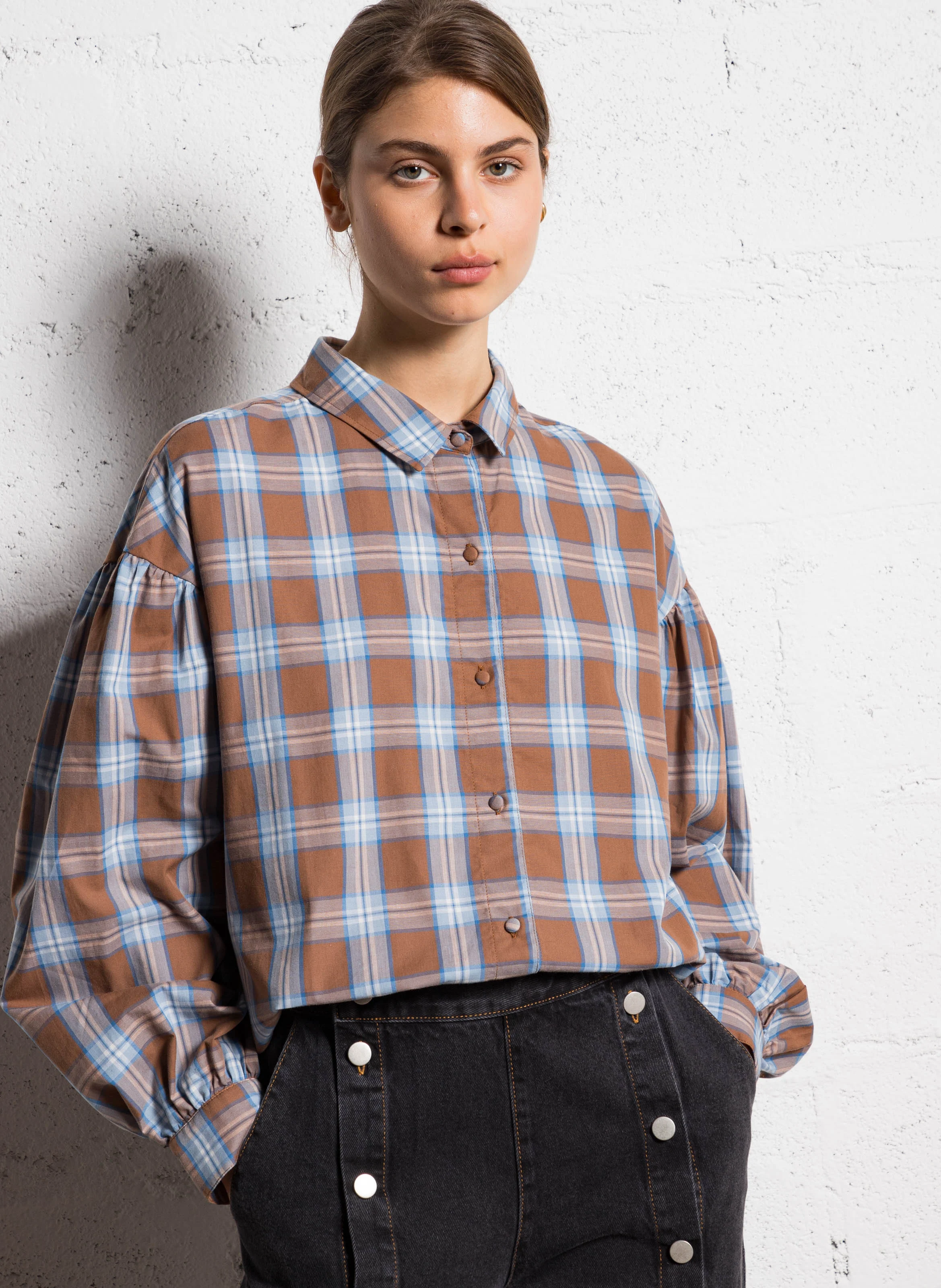 Chemise droite à carreaux| Marron
