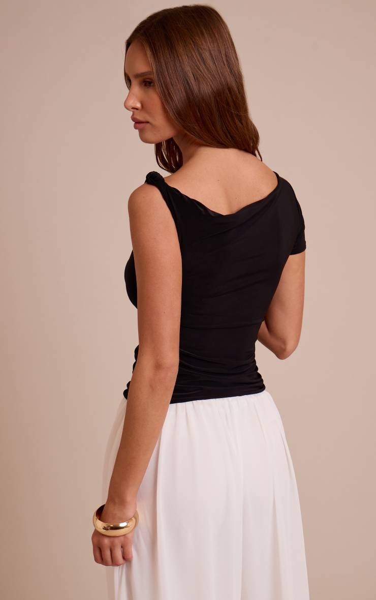 Noir Haut Long Asymétrique Double Couche En Tissu Slinky Avec Détail Nœud