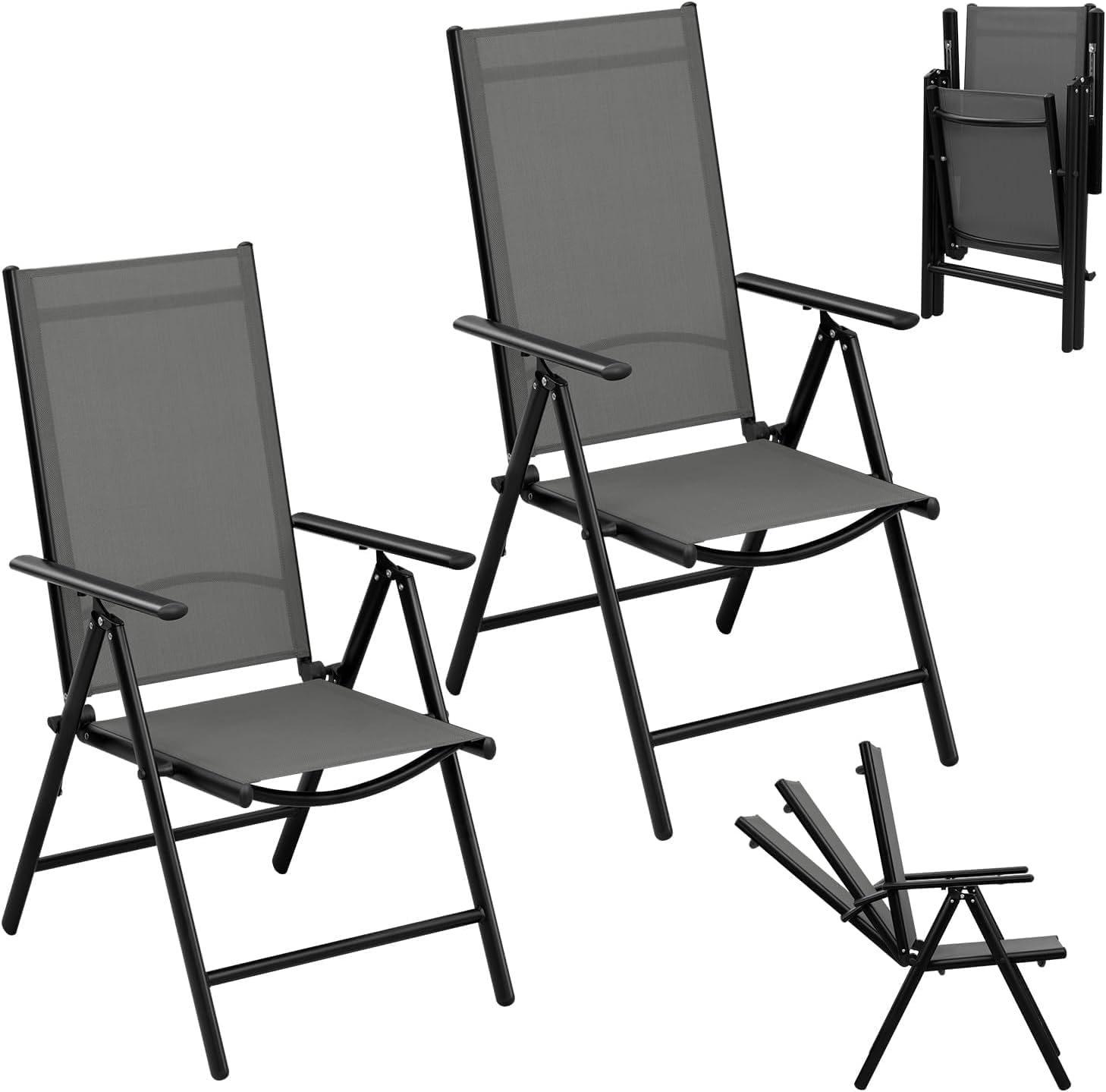 eSituro 2er Gartenstuhl Hochlehner Klappbar 7-Fach Verstellbare Rückenlehne Klappstühle 150 kg Belastbar Campingstuhl Balkonstuhl Klappsessel Garten Terrasse, Schwarz Grau