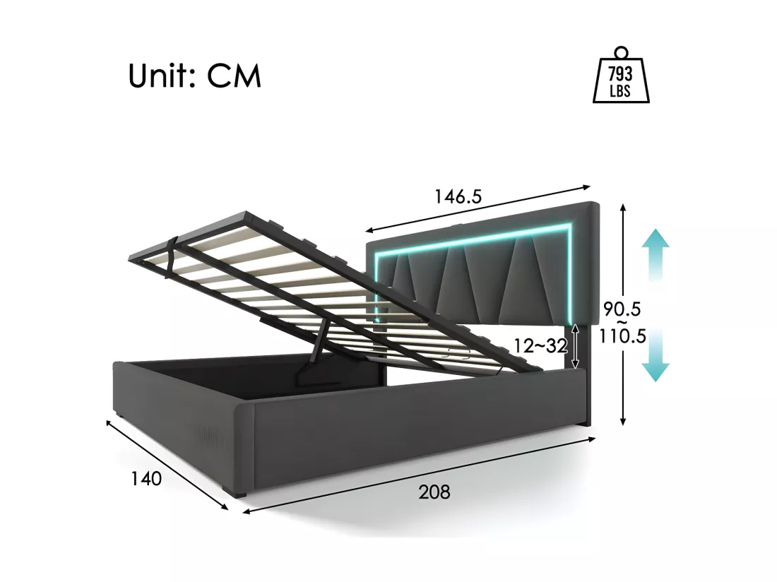 Lit coffre rembourré 140x200cm avec LED et Port de charge USB et Type-C - Tissu en Lin - sommier à lattes - Gris