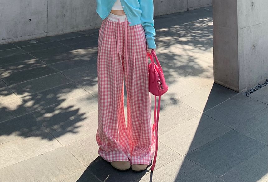 ZENME - Ronde hals met knoopjes en hartapplicatie / Effen gewatteerde crop top met ronde hals / Hoge taille Gingham broek met wijde pijpen