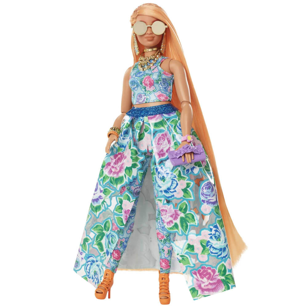 Mattel HHN14 Barbie Extra Fancy Puppe im blauen Kleid mit Blumenmuster