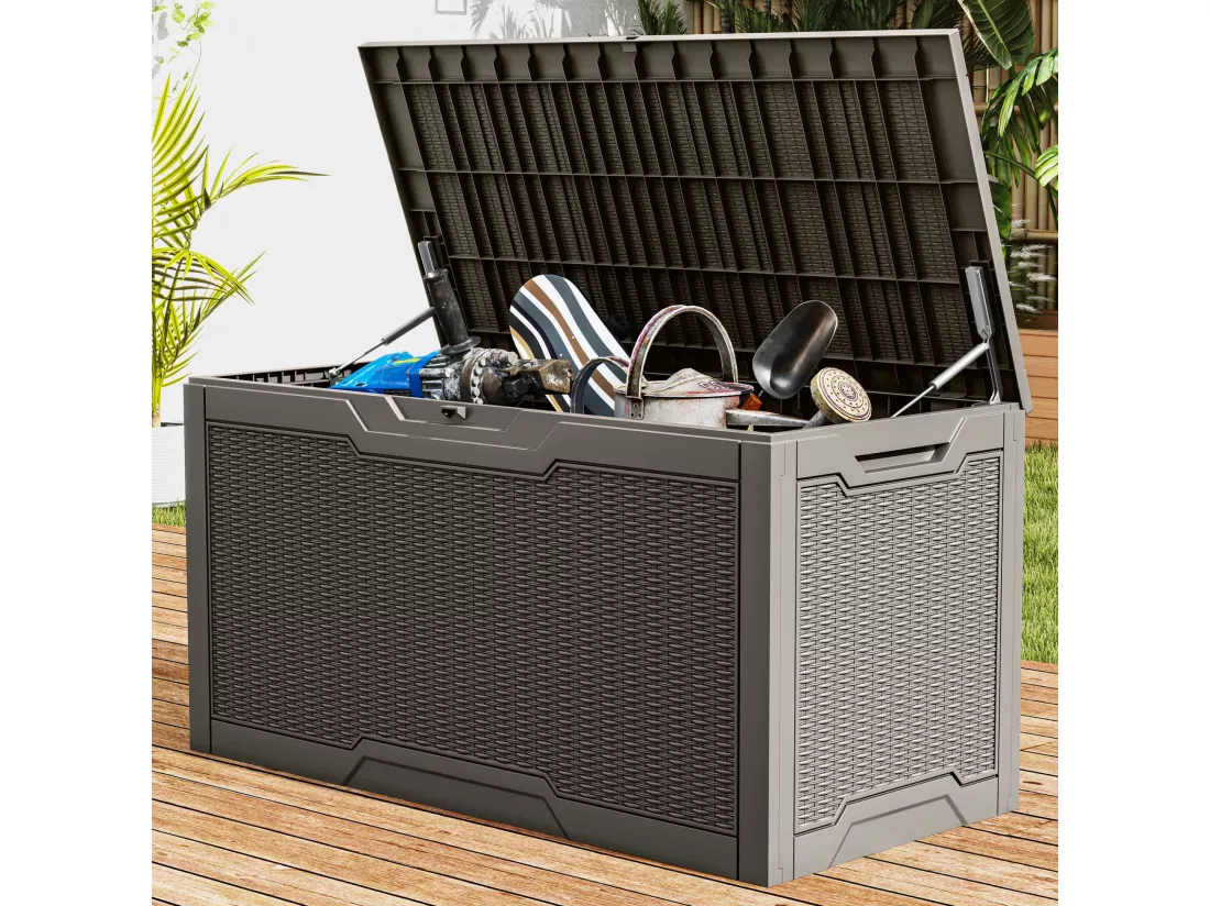 YITAHOME Boîte de Terrasse en Résine - 380L - 115 x 55 x 58.5 CM - Intempéries - Verrouillable - Marron Clair
