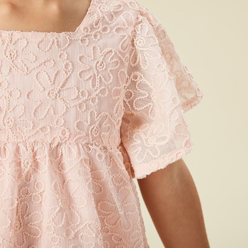 Robe manches courtes en crêpe et tulle avec motif floral en cording pour fille - Rose
