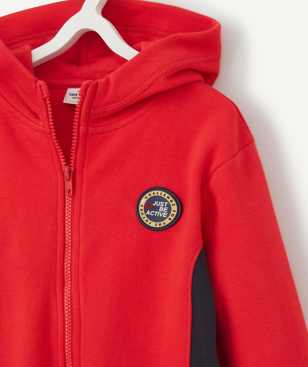 SWEAT ZIPPÉ À CAPUCHE GARÇON ROUGE AVEC BANDES BLEU MARINE