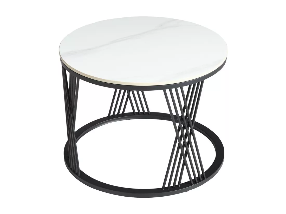 LUZ - Tables Gigogne Plateaux Céramique Marbrés Noir et Blanc Pieds Métal Noir