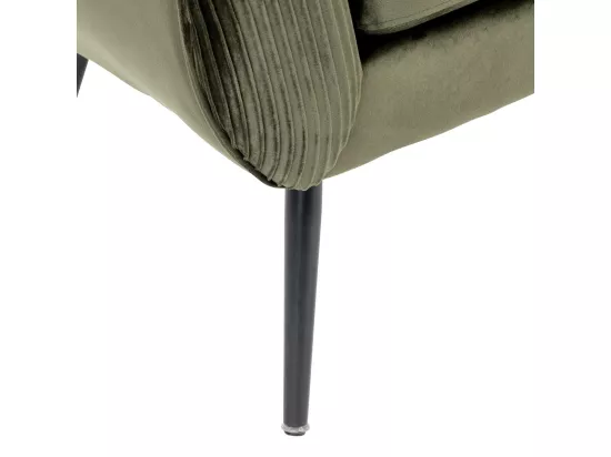 Fauteuil en Velours Vert Kaki plissé et pieds en métal noir