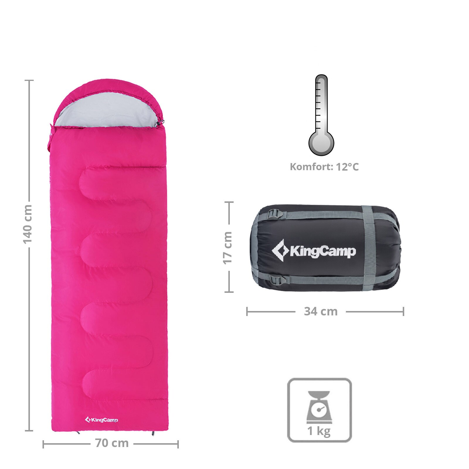 KINGCAMP Oasis 250 Kinder Decken Schlafsack Sommer Camping 1,40 m Lang & Breit Variante: Rose Red - Zipper L