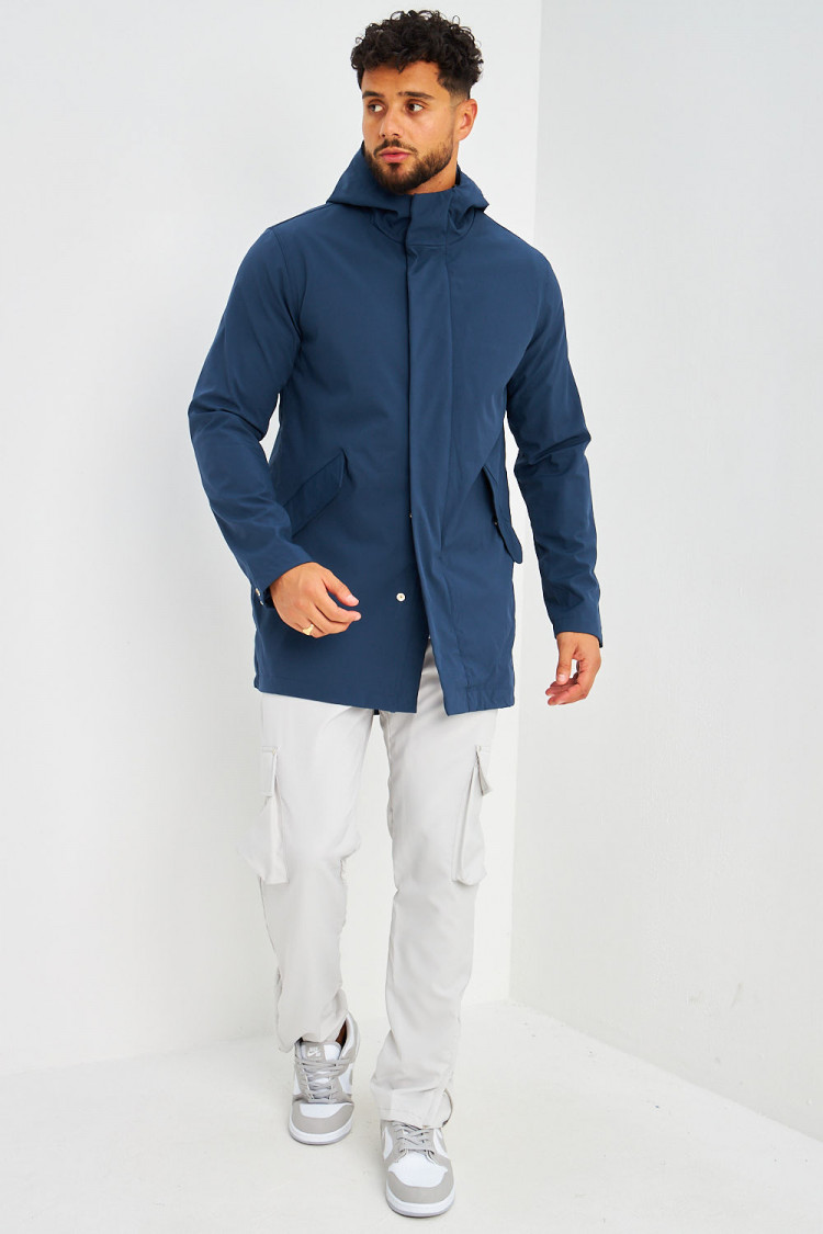 Veste mi-longue bleu marine à capuche