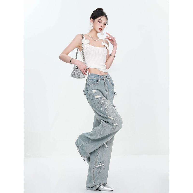 Rosesand - High Rise Washed Bow Accent Ripped Loose-Fit Wijde Jeans