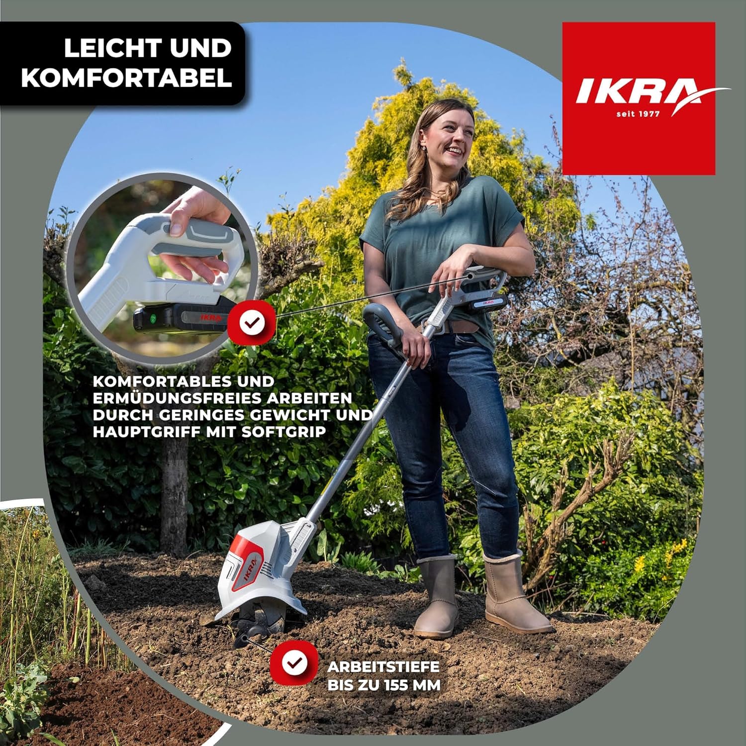 IKRA Akku Bodenhacke IAMH 20, Arbeitsbreite 19cm, Arbeitstiefe bis 15,5cm, Laufzeit max. 30 Minuten, inkl. Akku & Ladegerät