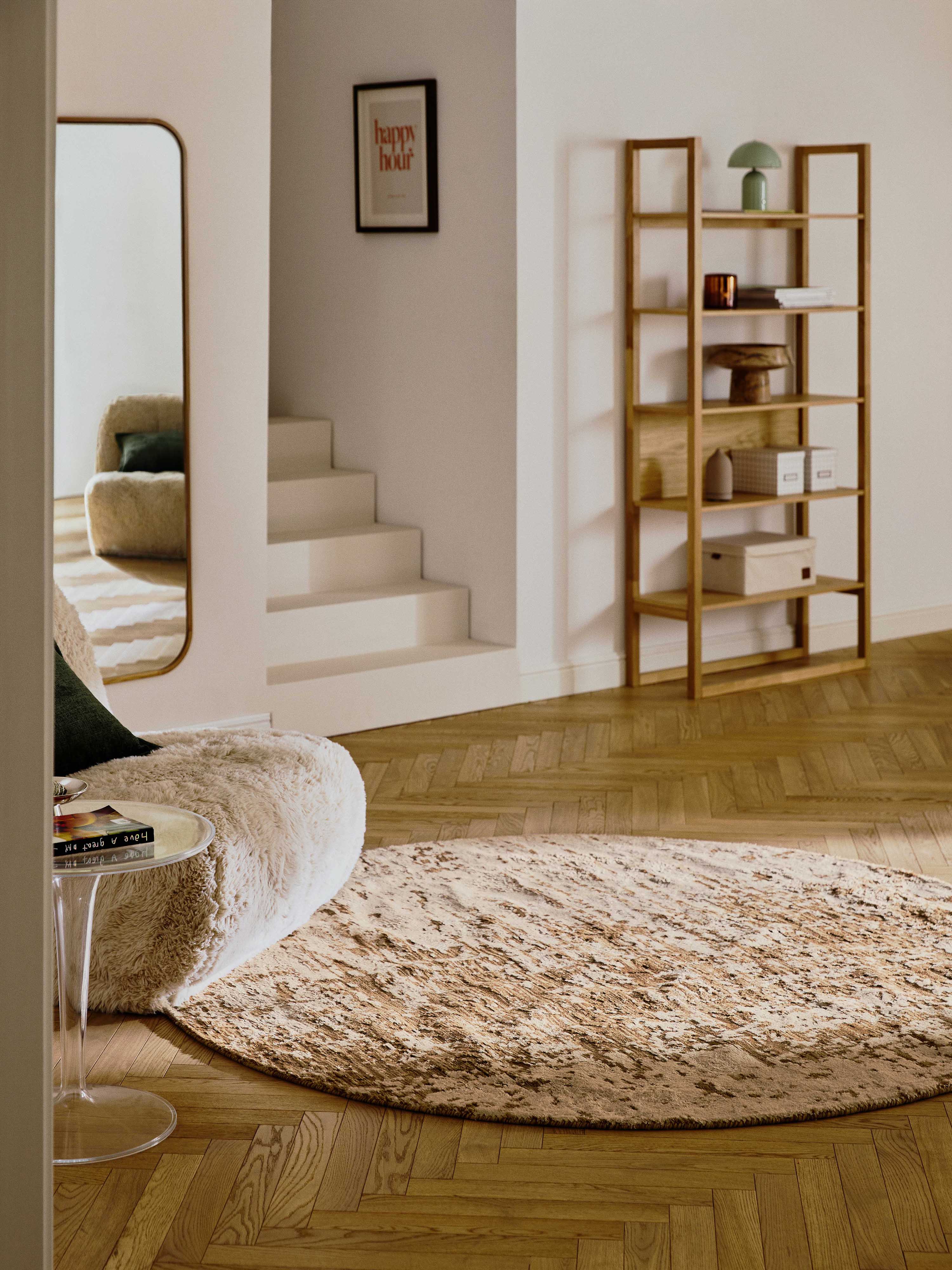 Rond wollen vloerkleed Cynthia met abstract patroon, handgeweven