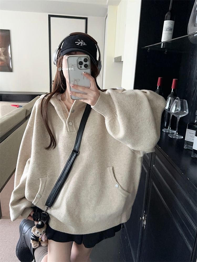 Monroll - Effen gebreide hoodie met drukknopen