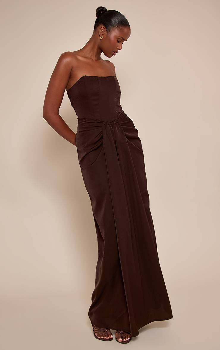 Chocolat Robe Maxi Bustier À Détails Drapés Et Corset
