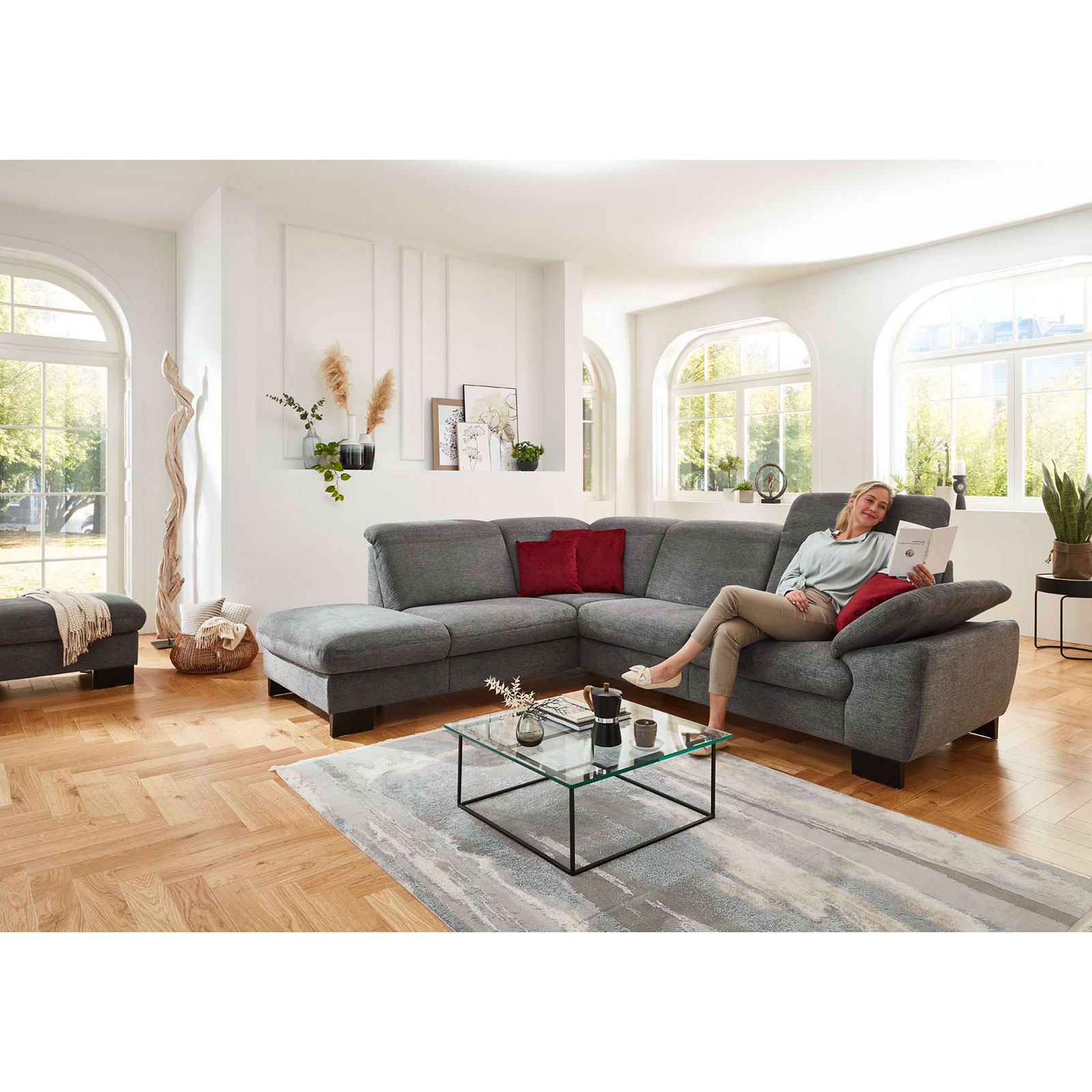 polsterpower Ecksofa - anthrazit - mit Funktionen - Anstellhocker links