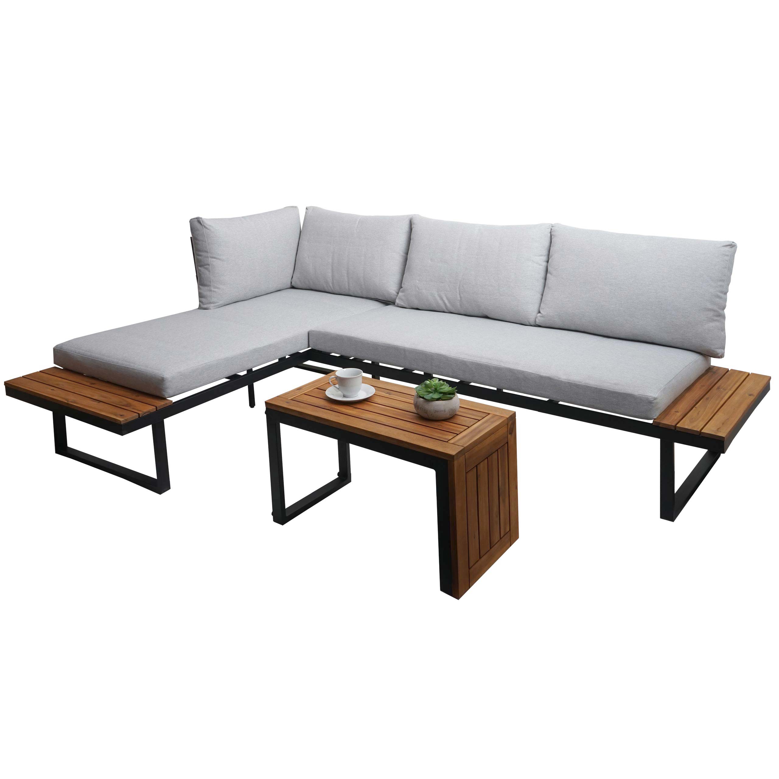 Garten Garnitur MCW-L27, Garnitur Sitzgruppe Lounge-Set Sofa, Spun Poly Alu Akazie Holz MVG-zertifiziert ~ hellgrau