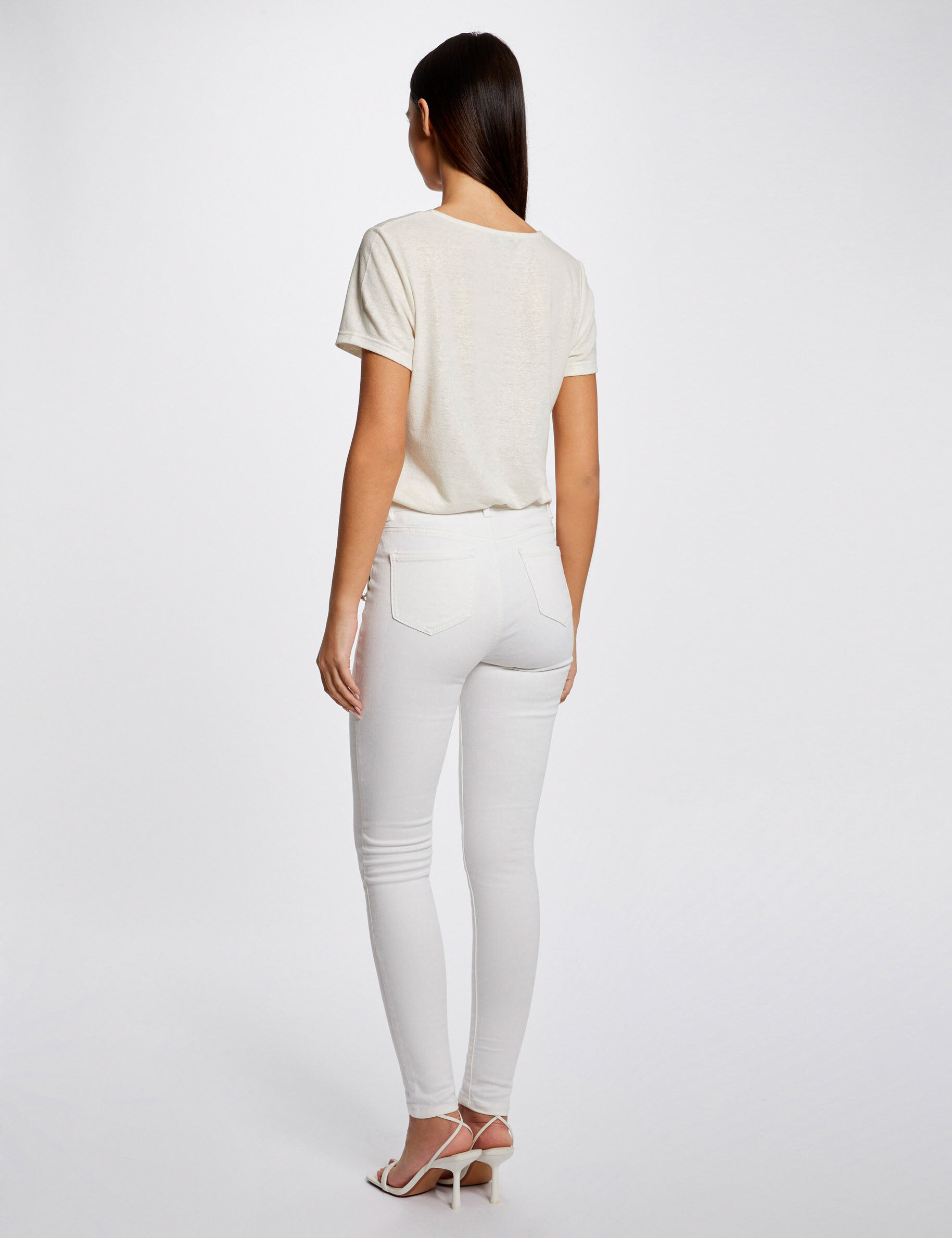 T-shirt manches courtes col en V ecru femme - ecru