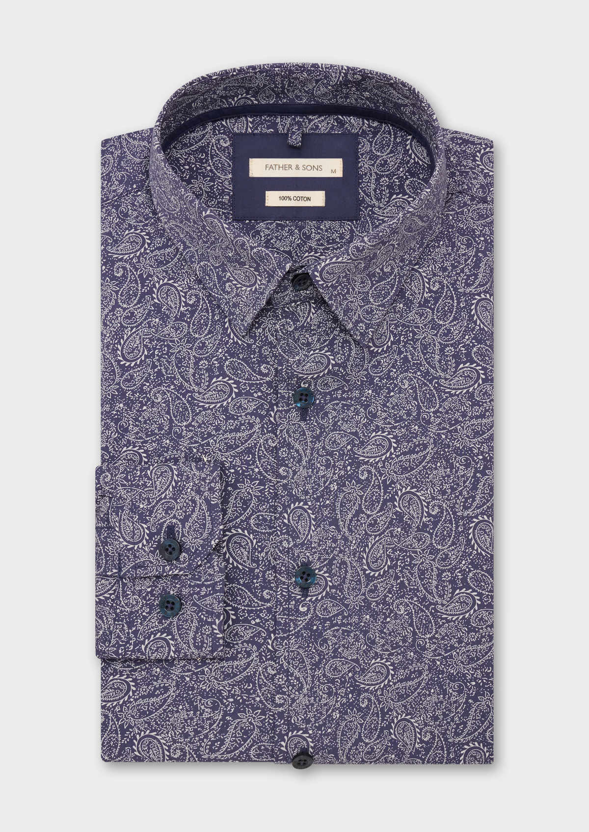 Chemise sport Slim en popeline de coton bleu nuit à motif cachemire blanc